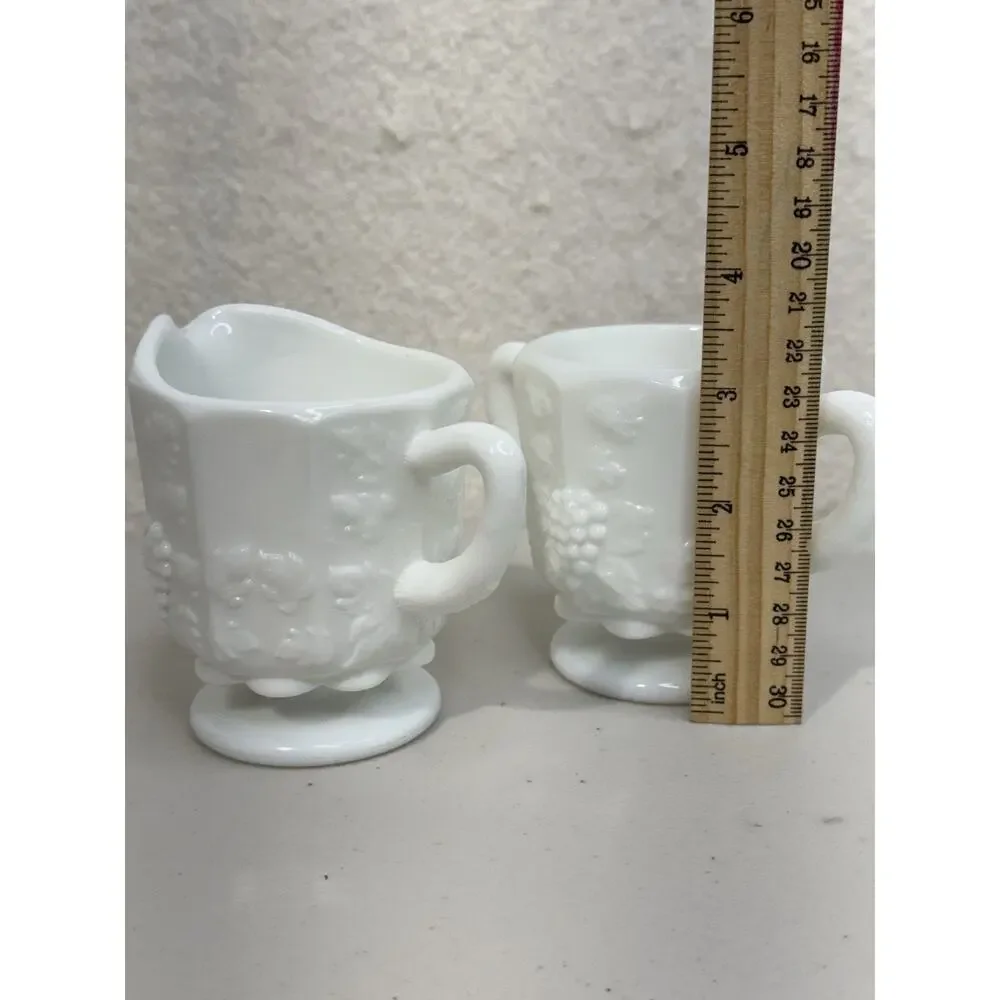 Westmoreland Milk White Glass Paneled Grape & Leaf Motif Creamer & Sugar Set VTG